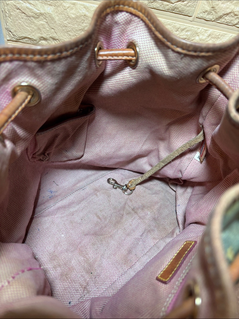 Dooney & Bourke Brown Leather Trim Green Monogram Bucket Bag w Mint Pink Wallet - Picture 16 of 17